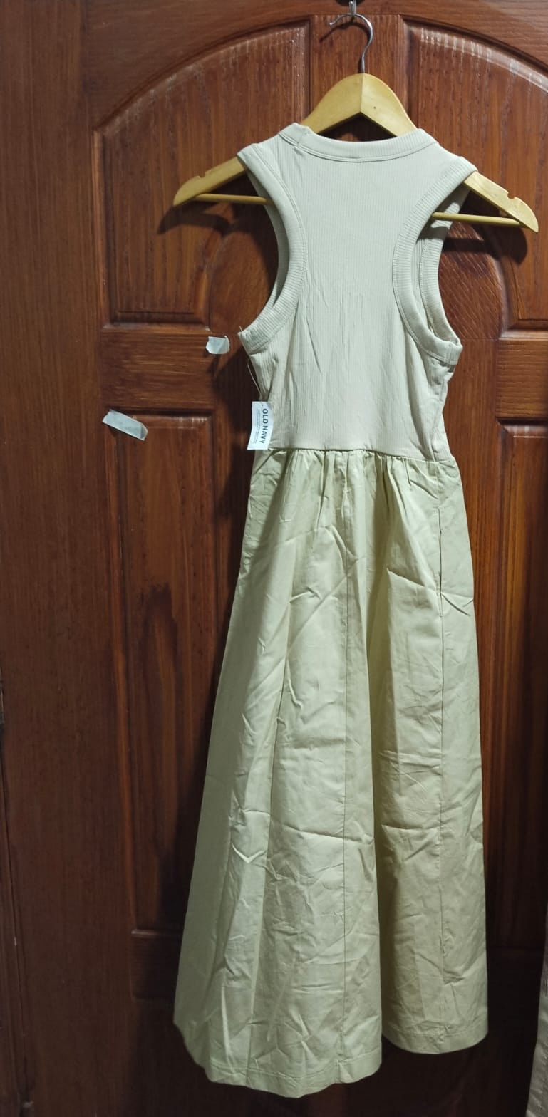 OLD NAVY|XS|BUST 11|all Beige Brown Jersey & Woven Mix Fabric Midi Dress