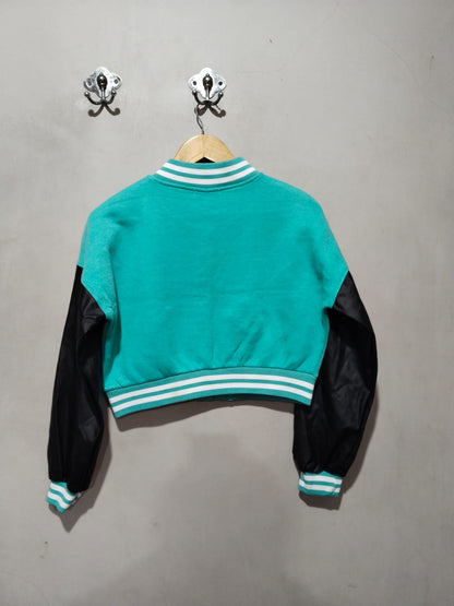 CASUAL COLLECTION|S|BUST 22|TEAL AND BLACK CROPPED VARSITY JACKET