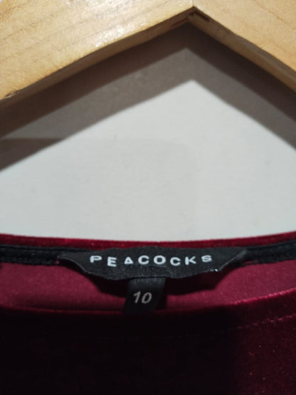 PEACOCKS|M|BUST 18|C4|BURGUNDY VELVET RUCHED MIDI DRESS