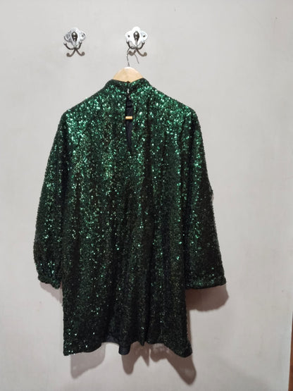 H&M|XS/S|BUST 20|GREEN SEQUIN MOCK NECK MINI DRESS