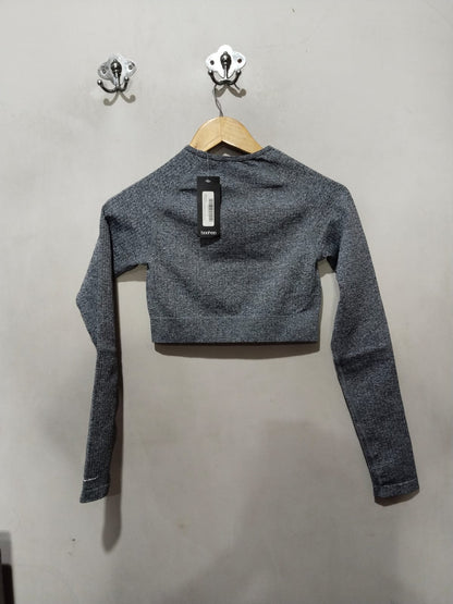 BOOHOO|L|BUST 13|HEATHER GRAY SEAMLESS LONG SLEEVE CROP TOP