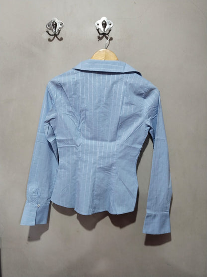 ZARA|S|BUST 16|Women's Long Sleeve Striped Metallic Thread Fitted Shirt