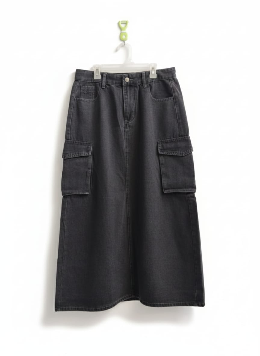 BLACK DENIM CARGO MIDI SKIRT|L|WAIST 32