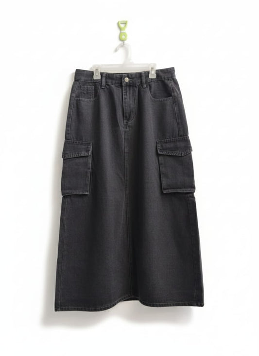 BLACK DENIM CARGO MIDI SKIRT|L|WAIST 32