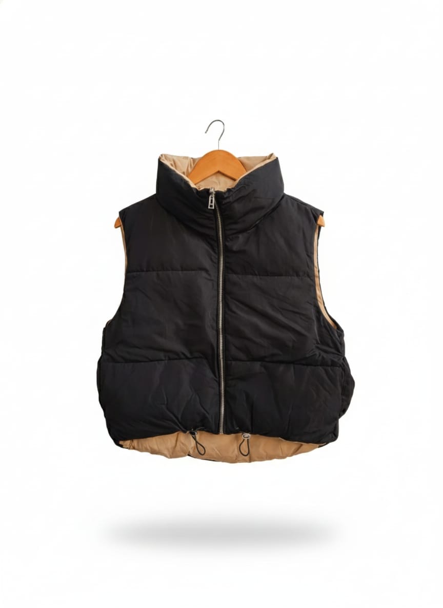 BERSHKA|S|BUST21|BLACK AND BEIGE REVERSIBLE CROPPED PUFFER VEST