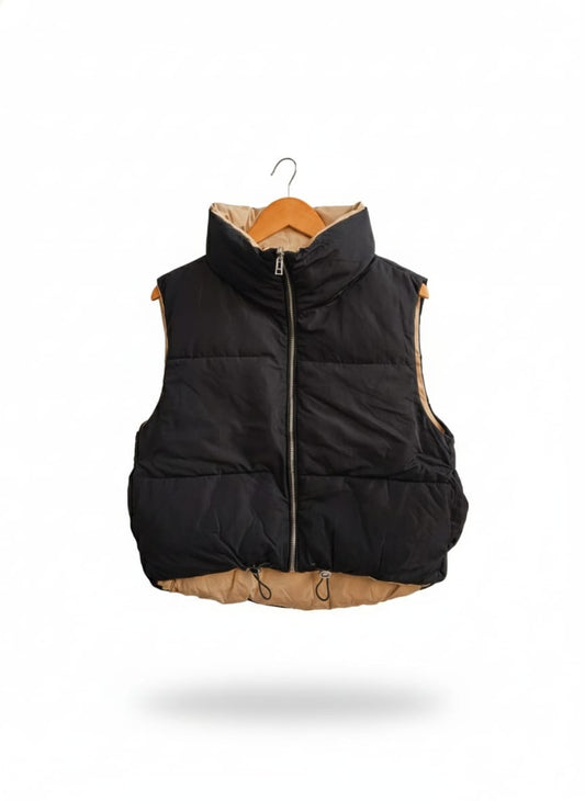 BERSHKA|S|BUST21|BLACK AND BEIGE REVERSIBLE CROPPED PUFFER VEST