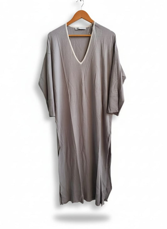 ZARA|XS/S|BUST22|GREY V-NECK MAXI TUNIC DRESS WITH WHITE TRIM