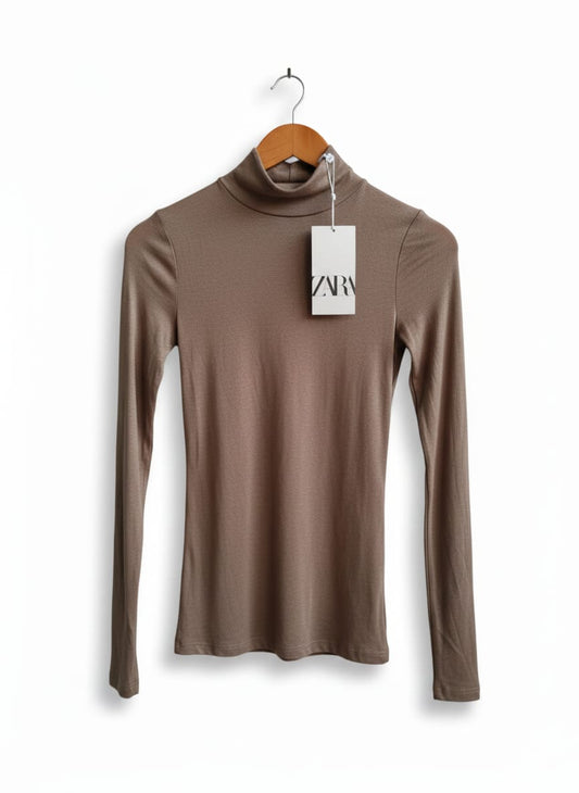 ZARA|M|BUST 13|LIGHT BROWN RUCHED TURTLENECK TOP