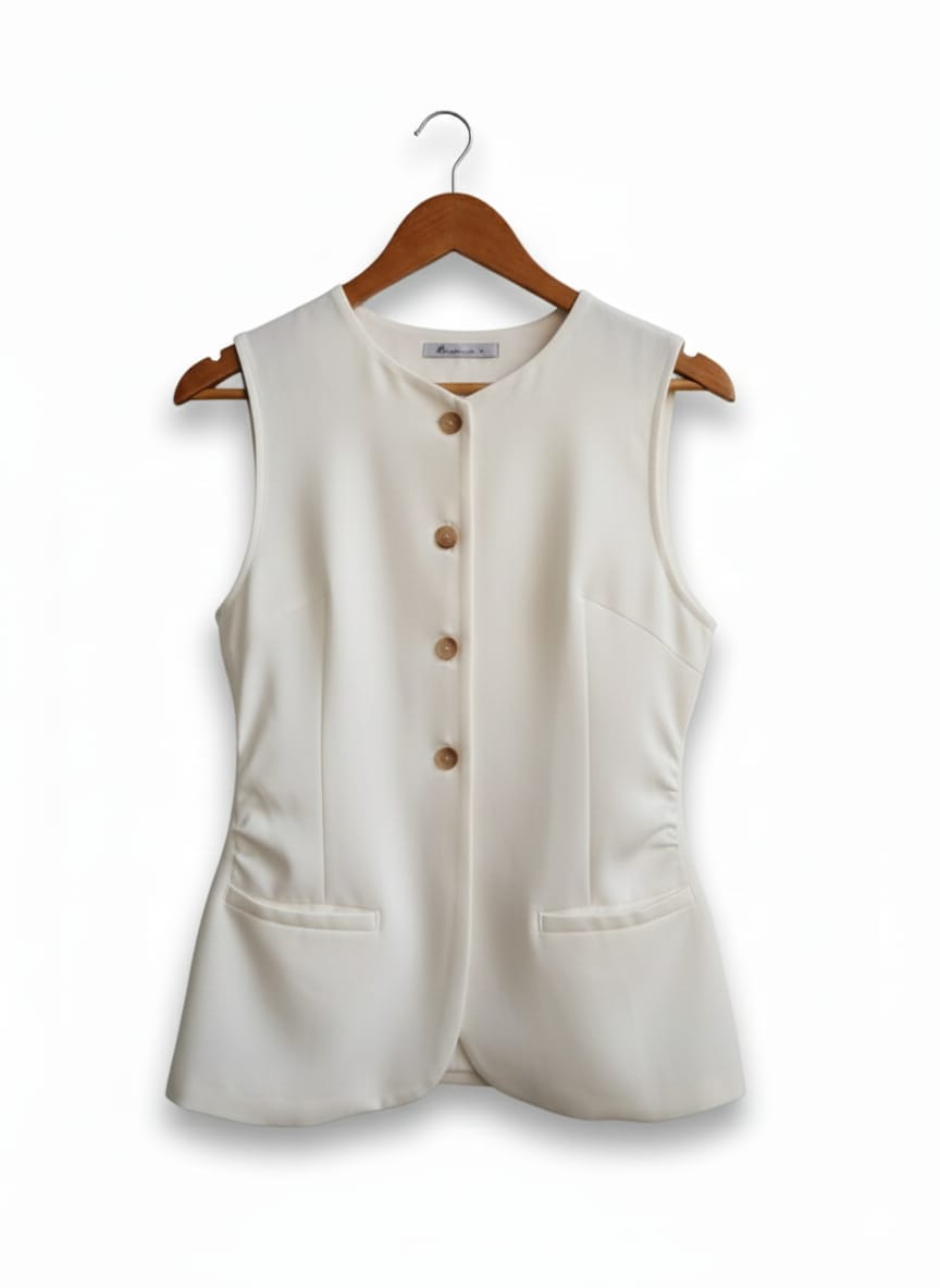AMY ENJOY LIFE|M|BUST 17|CREAM TAILORED SLEEVELESS VEST WITH POCKETS