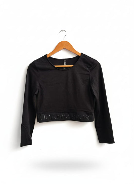 VICTORIA SPORTS|M|BUST 15.5| BLACK LONG SLEEVE CROP TOP