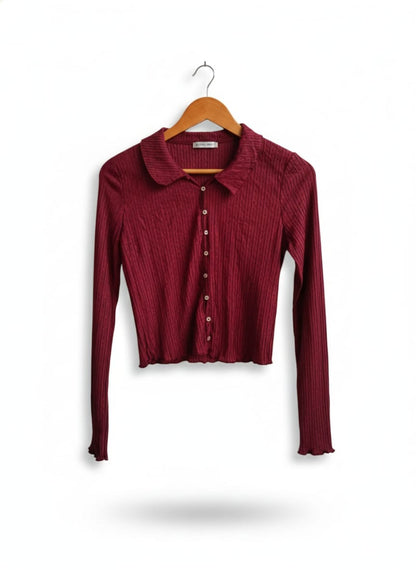 ZARA|M|BUST 16|BURGUNDY RIBBED BUTTON-FRONT CROP CARDIGAN TOP
