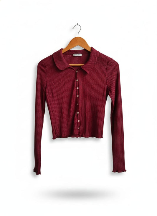 ZARA|M|BUST 16|BURGUNDY RIBBED BUTTON-FRONT CROP CARDIGAN TOP