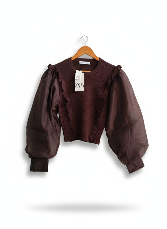ZARA|L|BUST 16|ORGANZA COMBINATION SLEEVES KNIT TOP