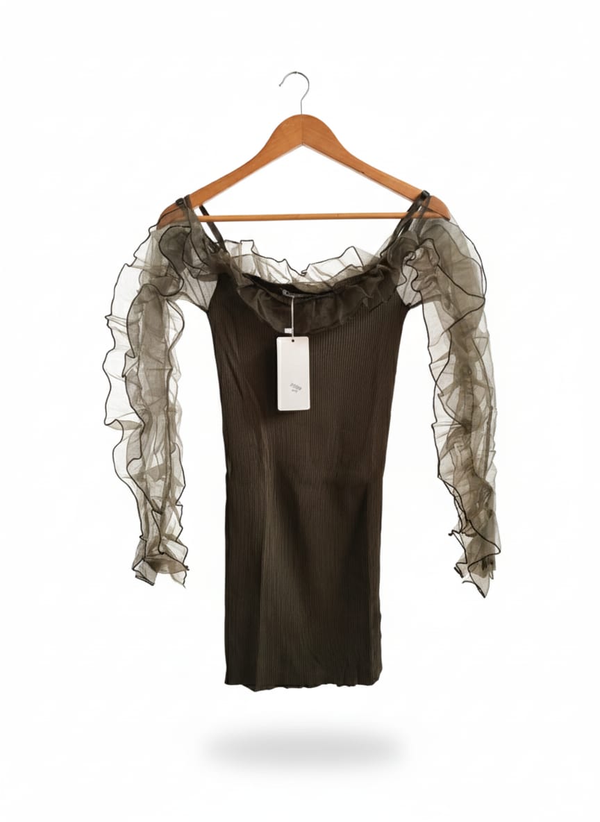 CHERRY KOKO|S/M|BUST 12.5|KHAKI GREEN RIBBED OFF-THE-SHOULDER TOP WITH RUFFLED ORGANZA SLEEVES