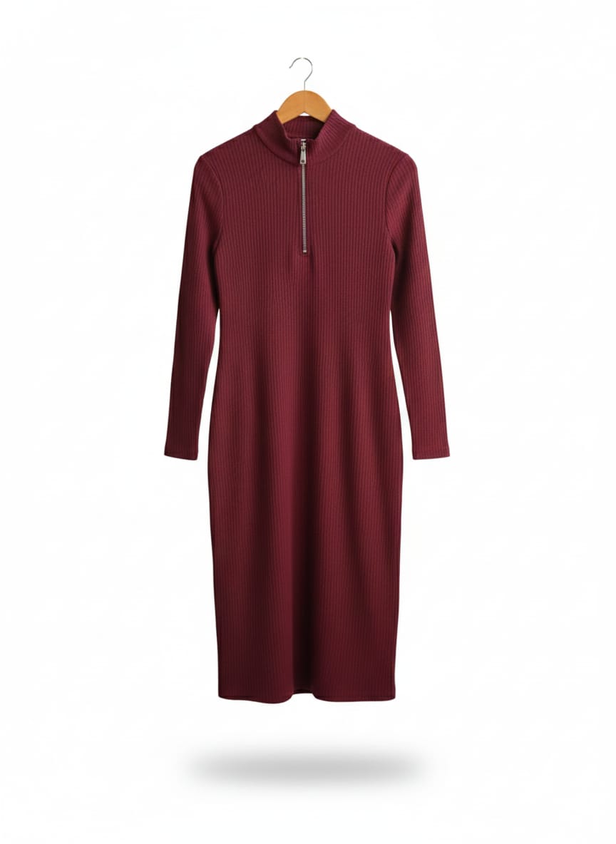 ASOS DESIGN|S|BUST 18|MAROON MOCK NECK RIBBED MIDI DRESS