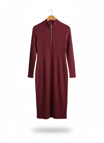 ASOS DESIGN|S|BUST 18|MAROON MOCK NECK RIBBED MIDI DRESS