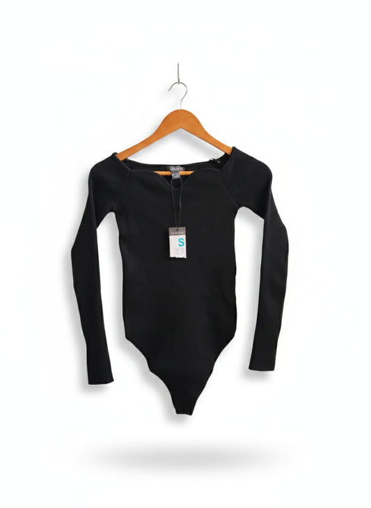 PRIMARK|S|BUST 12.5|BLACK RIBBED OFF-THE-SHOULDER LONG SLEEVE BODYSUIT