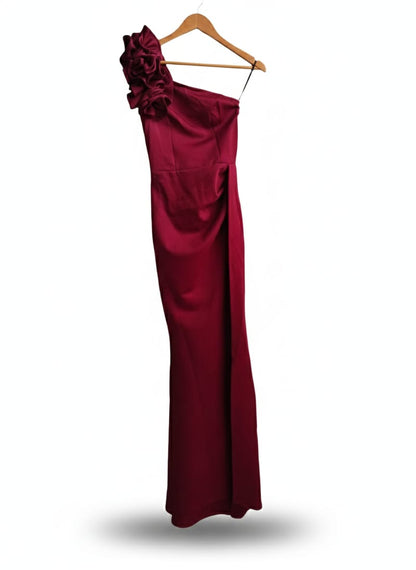 LADYCE|XS|BUST 13|RED SATIN ONE-SHOULDER MAXI DRESS