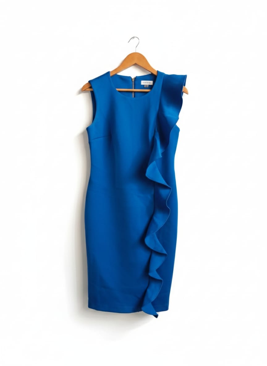 CALVIN KLEIN|S|M|BUST 17|ROYAL BLUE SLEEVELESS RUFFLE SHEATH DRESS