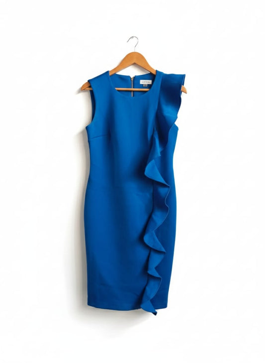CALVIN KLEIN|S|M|BUST 17|ROYAL BLUE SLEEVELESS RUFFLE SHEATH DRESS