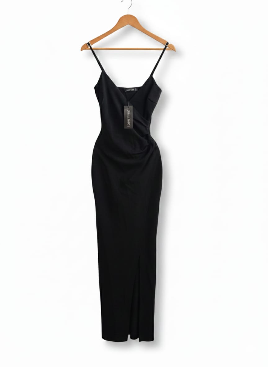 I SAW IT FIRST|S|BUST 14|BLACK V-NECK RUCHED MIDI SLIP DRESS