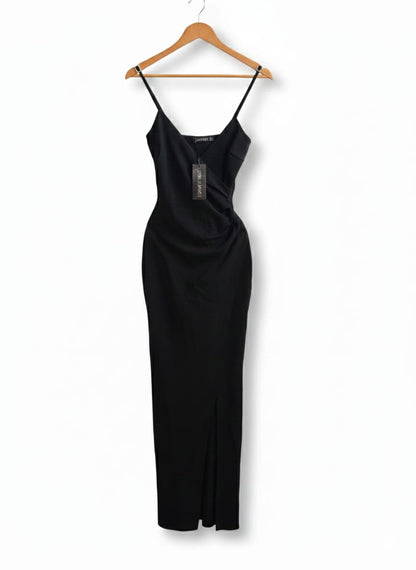 I SAW IT FIRST|S|BUST 14|BLACK V-NECK RUCHED MIDI SLIP DRESS