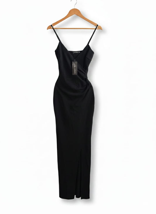 I SAW IT FIRST|S|BUST 14|BLACK V-NECK RUCHED MIDI SLIP DRESS