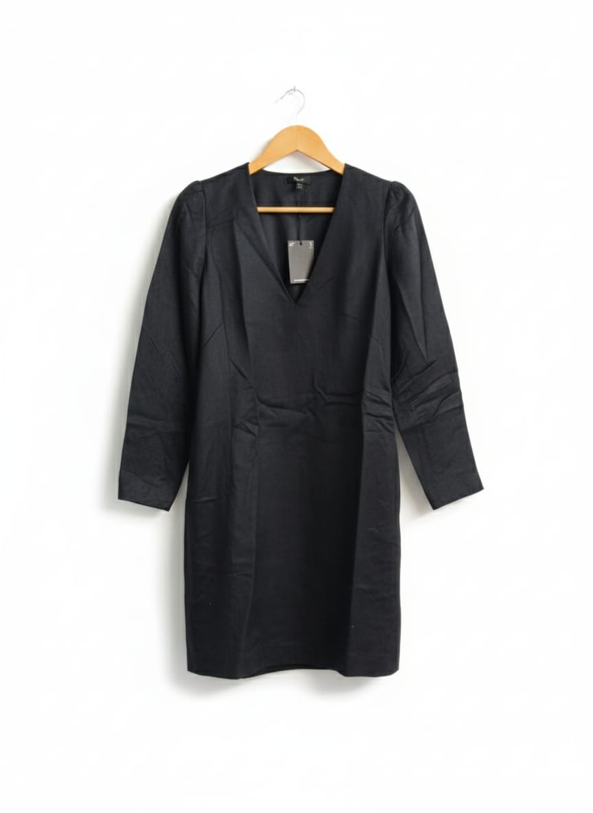 MASSIMO DUTTI|S|BUST 18|BLACK V-NECK LONG SLEEVE DRESS