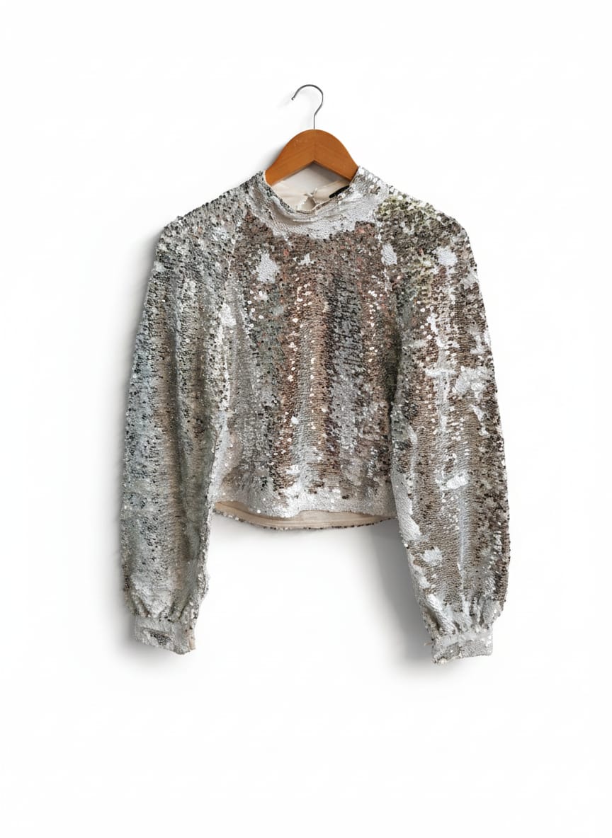 ZARA|S/M|BUST 18|SILVER SEQUIN LONG SLEEVE KEYHOLE CROP TOP