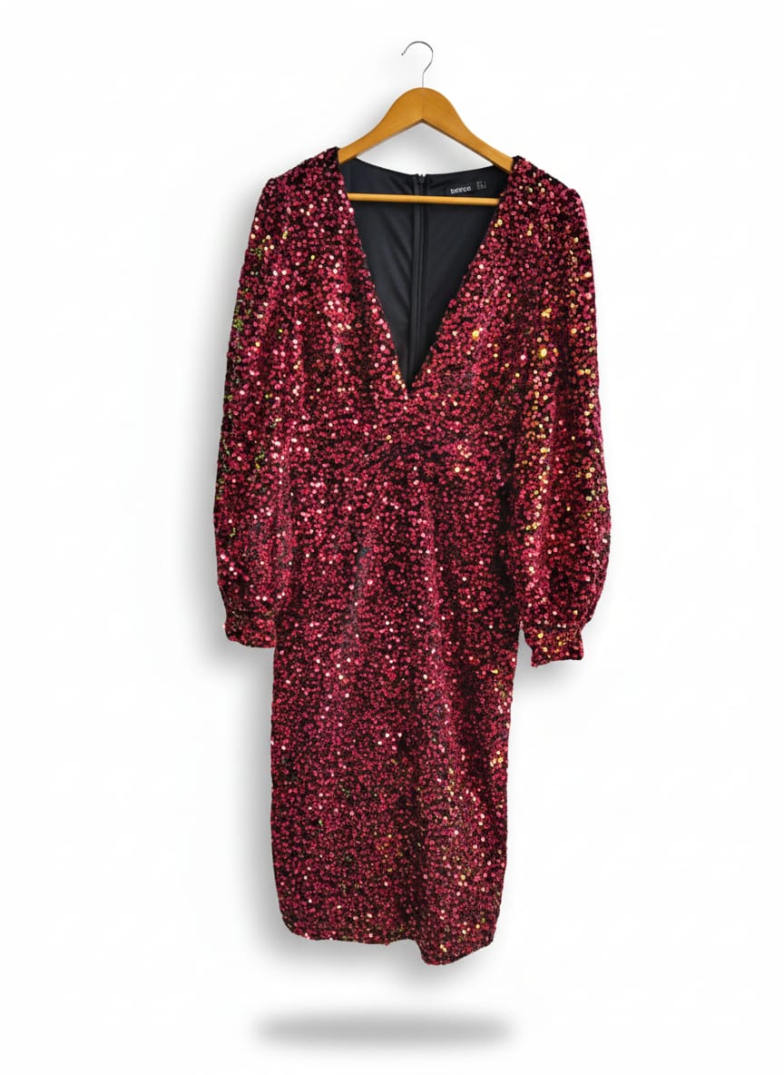 BOOHOO|L|BUST 19| TALL SEQUIN BALLOON SLEEVE PLUNGE MIDI DRESS