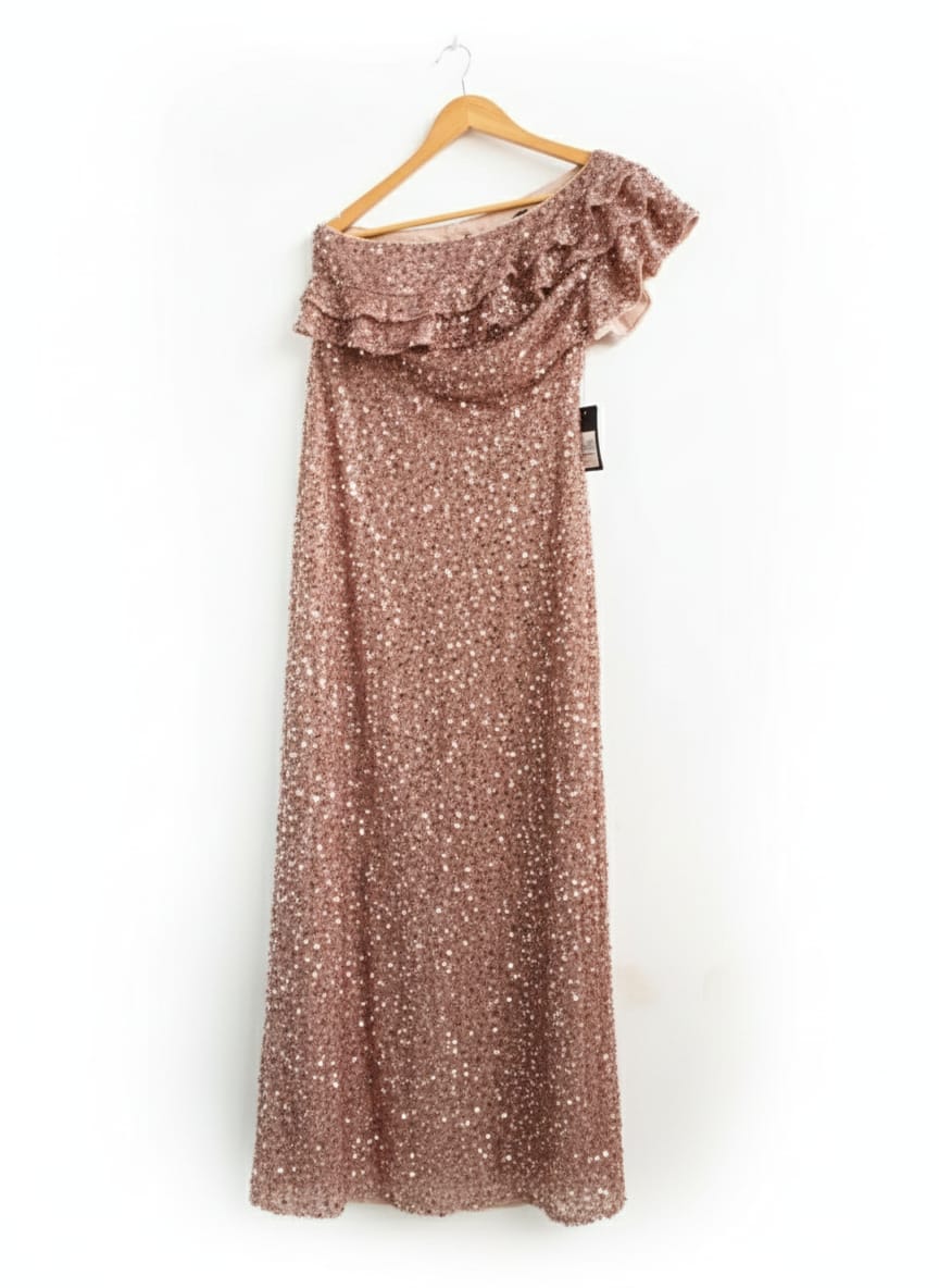 GIFFINISETI|M/L|BUST 16|One-Shoulder Asymmetrical Sequin Gown