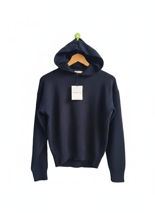 GLAMOROUS|XS/S|BUST 24|Unisex Ribbed Cashmere Hoodie in Navy Blue