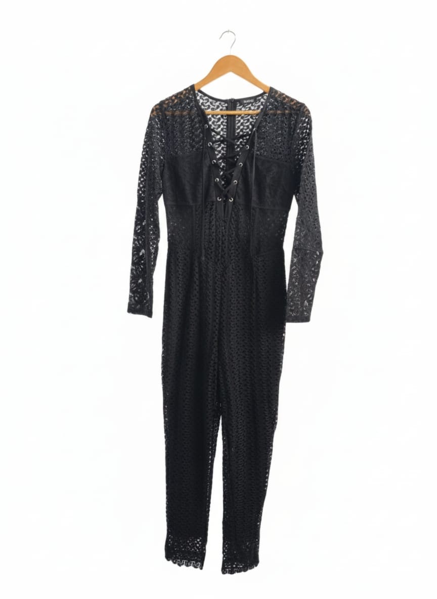 BOOHOO|M|BUST 16| BLACK LACE OR MESH LONG-SLEEVED JUMPSUIT