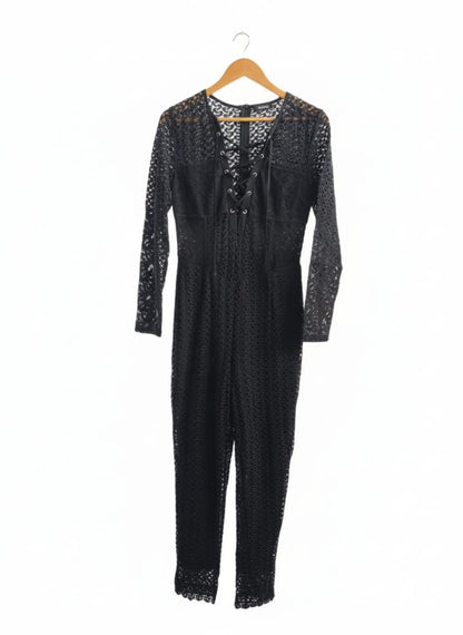 BOOHOO|M|BUST 16| BLACK LACE OR MESH LONG-SLEEVED JUMPSUIT