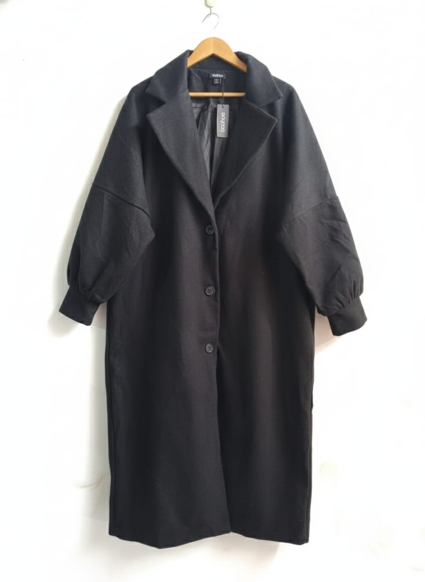 BOOHOO|M/L|BUST 29|BLACK BALLOON SLEEVE OVERSIZED WOOL LOOK COAT