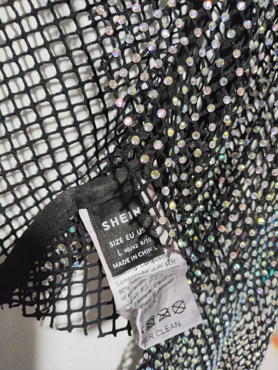 SHEIN|L|BUST 18|BLACK MESH RHINESTONE CROPPED TOP WITH FEATHER CUFFS
