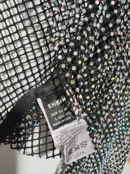 SHEIN|L|BUST 18|BLACK MESH RHINESTONE CROPPED TOP WITH FEATHER CUFFS