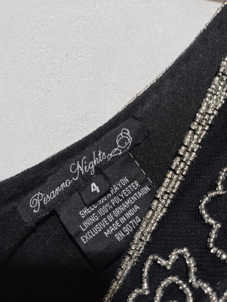 PISSARO NIGHTS|S/M|BUST 17|BLACK AND SILVER BEADED CAP SLEEVE V-NECK MIDI DRESS