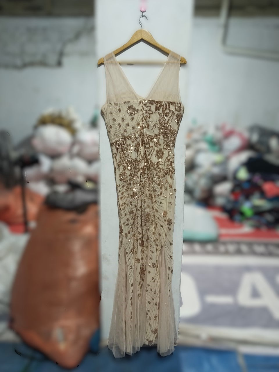 SHEIN |XL|BUST 19|GOLD BEADED MERMAID GOWN WITH ILLUSION NECKLINE