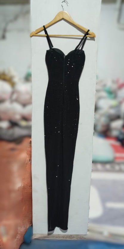 WINDSOR|S|BUST 11|BLACK SEQUIN CORSET MAXI DRESS WITH HIGH SLIT