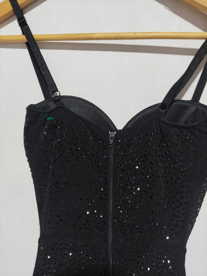 WINDSOR|S|BUST 11|BLACK SEQUIN CORSET MAXI DRESS WITH HIGH SLIT