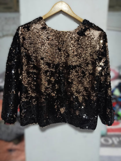 TORRID|FREE SIZE| BLACK AND GOLD TWO-TONE SEQUIN DRAPE OPEN-FRONT JACKET