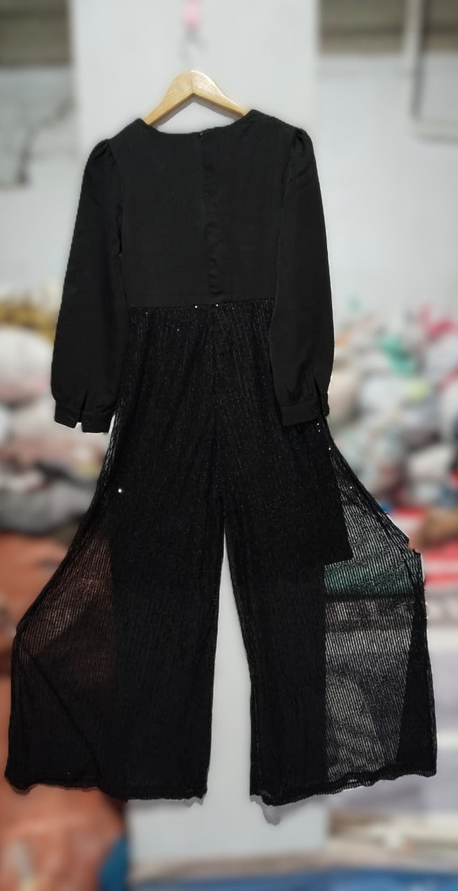 BLACK LONG SLEEVE WRAP METALLIC WIDE LEG JUMPSUIT|S|BUST 17