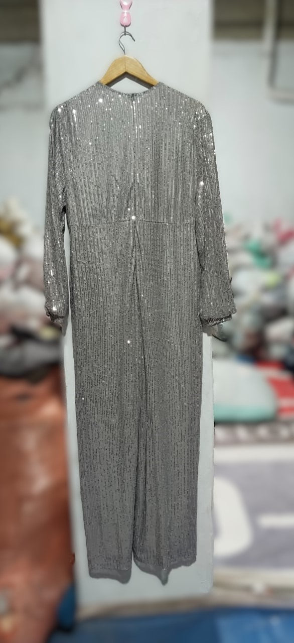SILVER SEQUIN LONG SLEEVE WIDE LEG JUMPSUIT|XXL|BUST 20