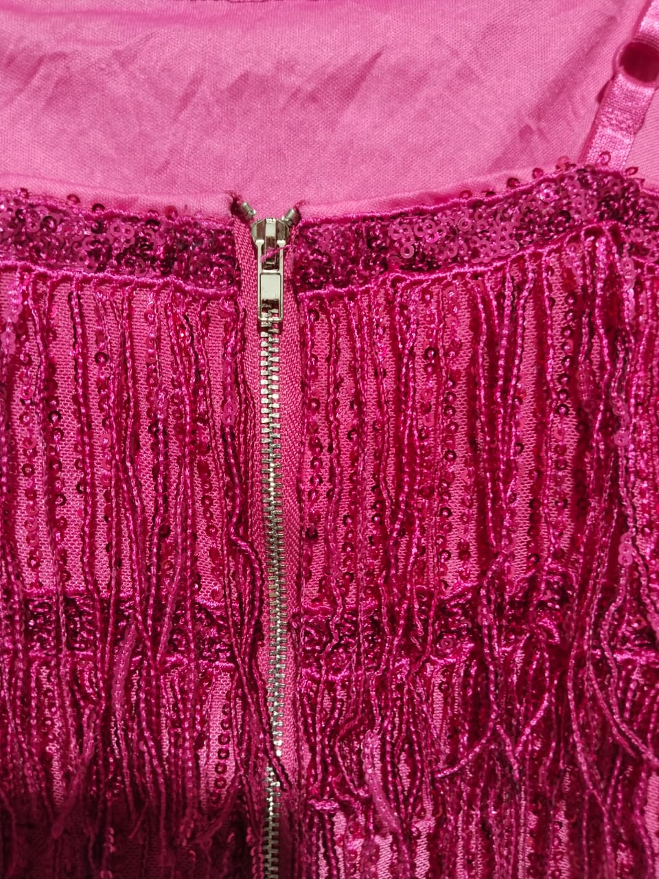 SHEIN|XS|BUST 14|FUCHSIA PINK FRINGE SEQUIN MINI DRESS