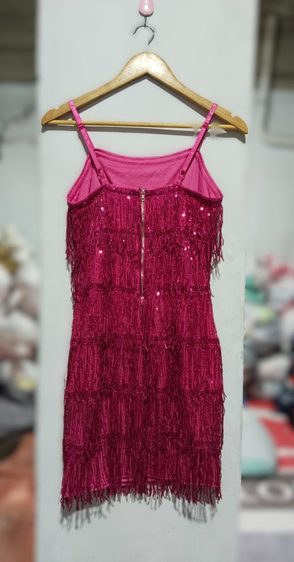 SHEIN|XS|BUST 14|FUCHSIA PINK FRINGE SEQUIN MINI DRESS