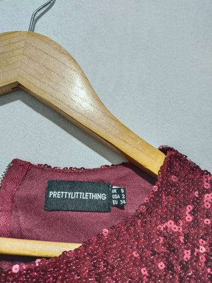 PRETTY LITTLE THINGS|XS|BUST 14|RED LONG SLEEVE SEQUIN MINI DRESS