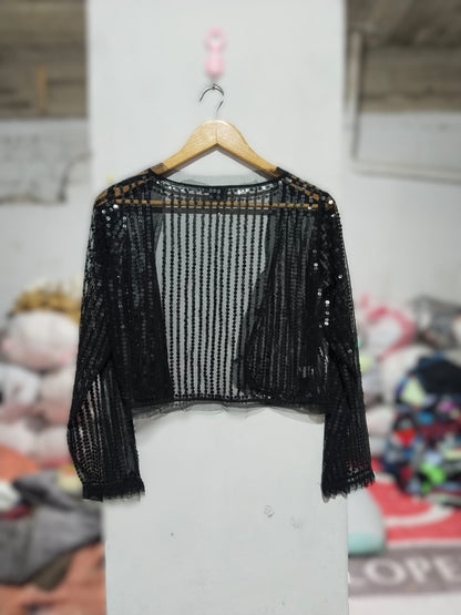 CEJION|S|BUST 18|BLACK SEQUIN MESH CROPPED JACKET