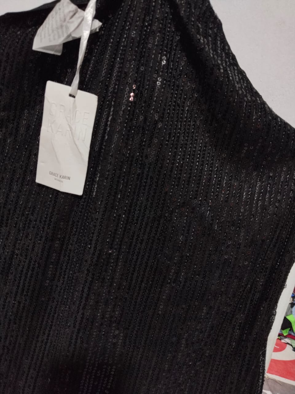 GRACE KKARIN|L/XL|BUST 19|BLACK SEQUIN HALTER NECK TANK TOP