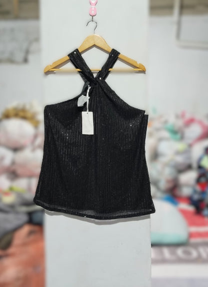 GRACE KKARIN|L/XL|BUST 19|BLACK SEQUIN HALTER NECK TANK TOP